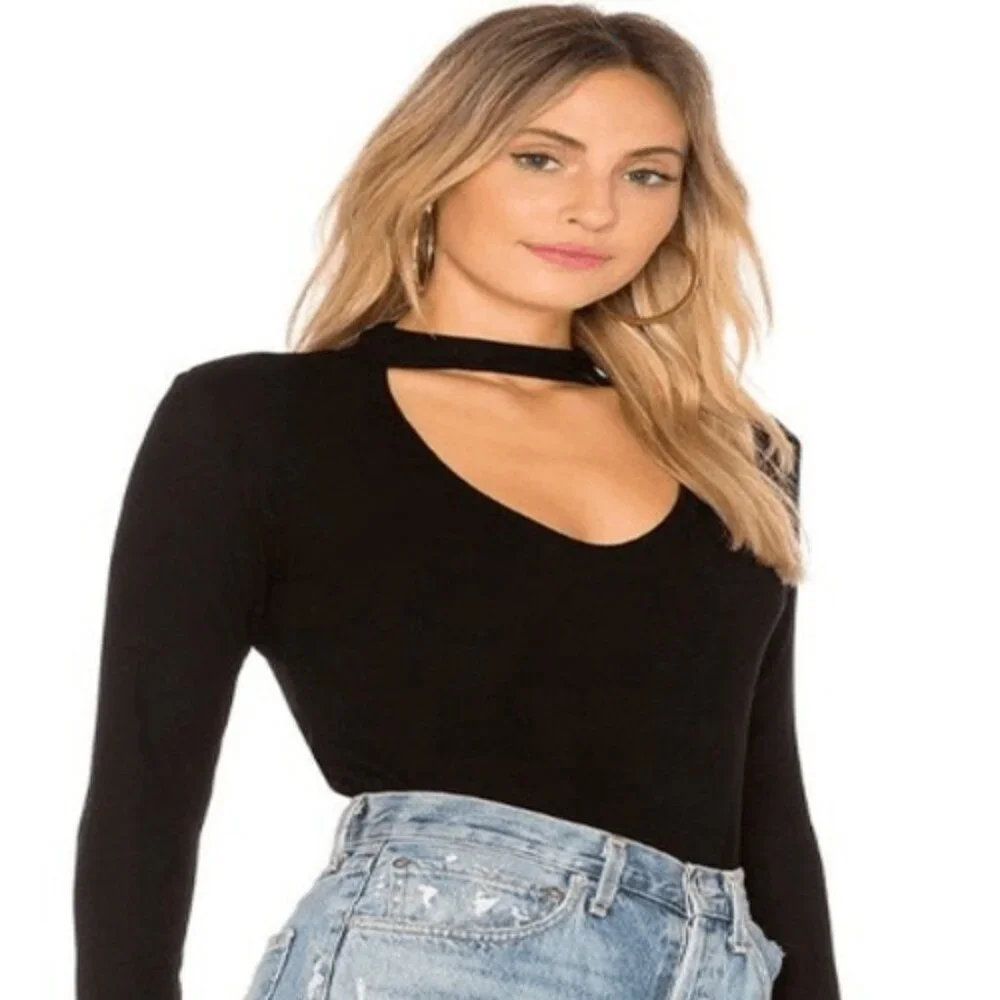 Michael Lauren Hutch Black V-Neck Mock Neck Fitted Long Sleeve Top XS NWT